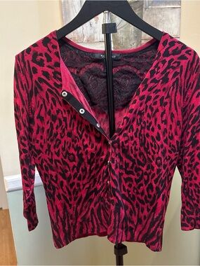 White House Black Market Red and Black Leopard Print Cardigan Sweater